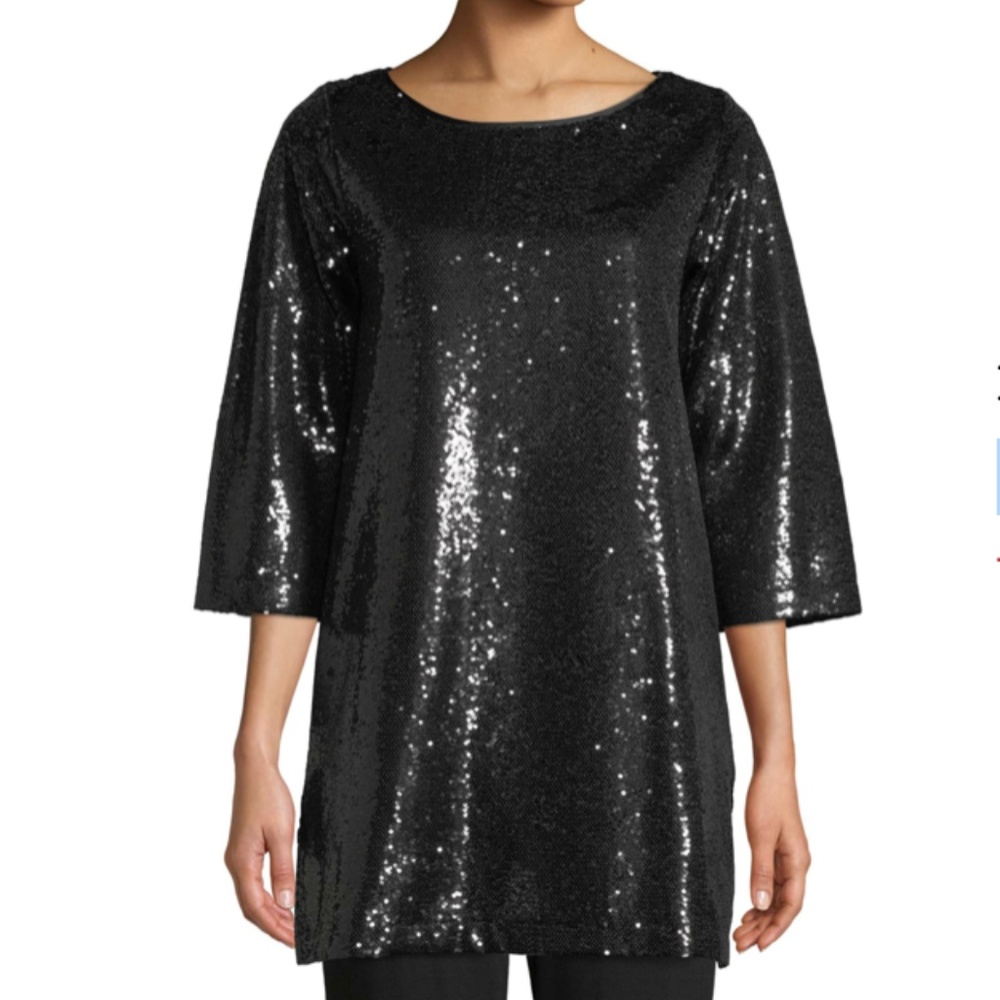 Joan Vass Easy 3/4 Sleeve Black Sequin Tunic